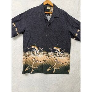 Winnie Fashion Mens 2XL Hawaiian Shirt Black Marlin Tuna Fishing Made in Hawaii